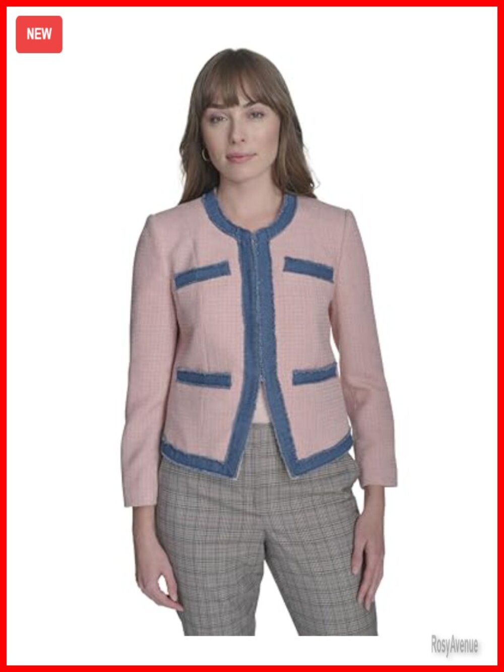 Collarless Denim Drimmed Open Front Jacket Blazer